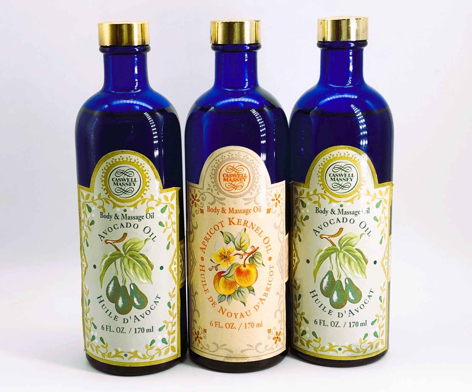 3X CASWELL MASSEY OLIO MASSAGGIO 170 ML EDT AVOCADO SEMI ALBICOCCA 3 PEZZI