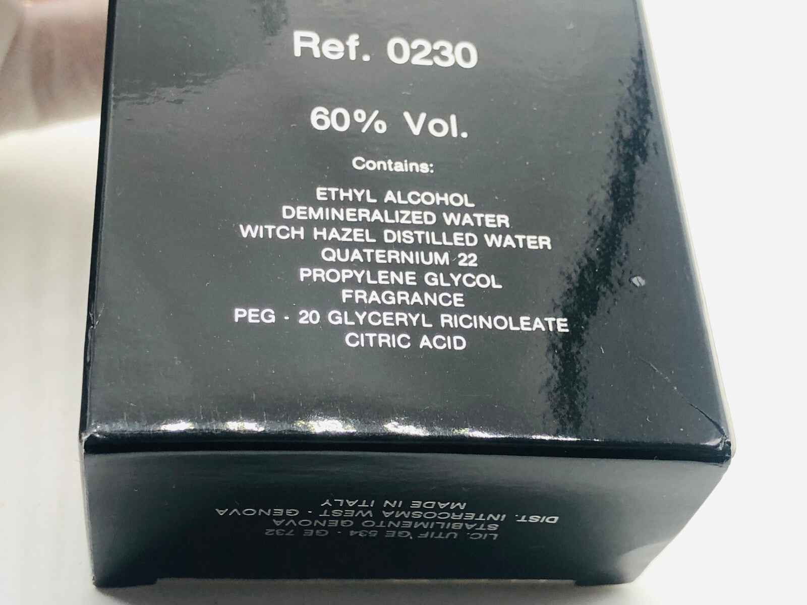 Angelo Litrico Uomo Vintage profumo in bottiglia con ingredienti e dettagli sul retro della confezione