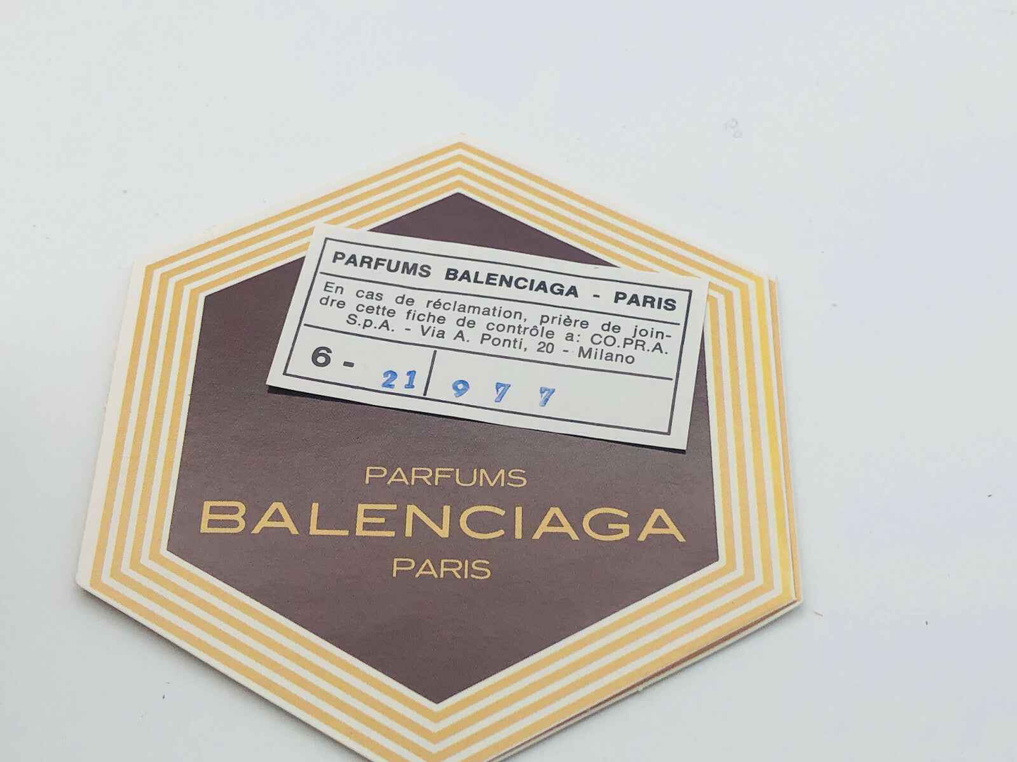 Etichetta vintage Parfums Balenciaga Paris con logo Balenciaga Cialenga Vintage