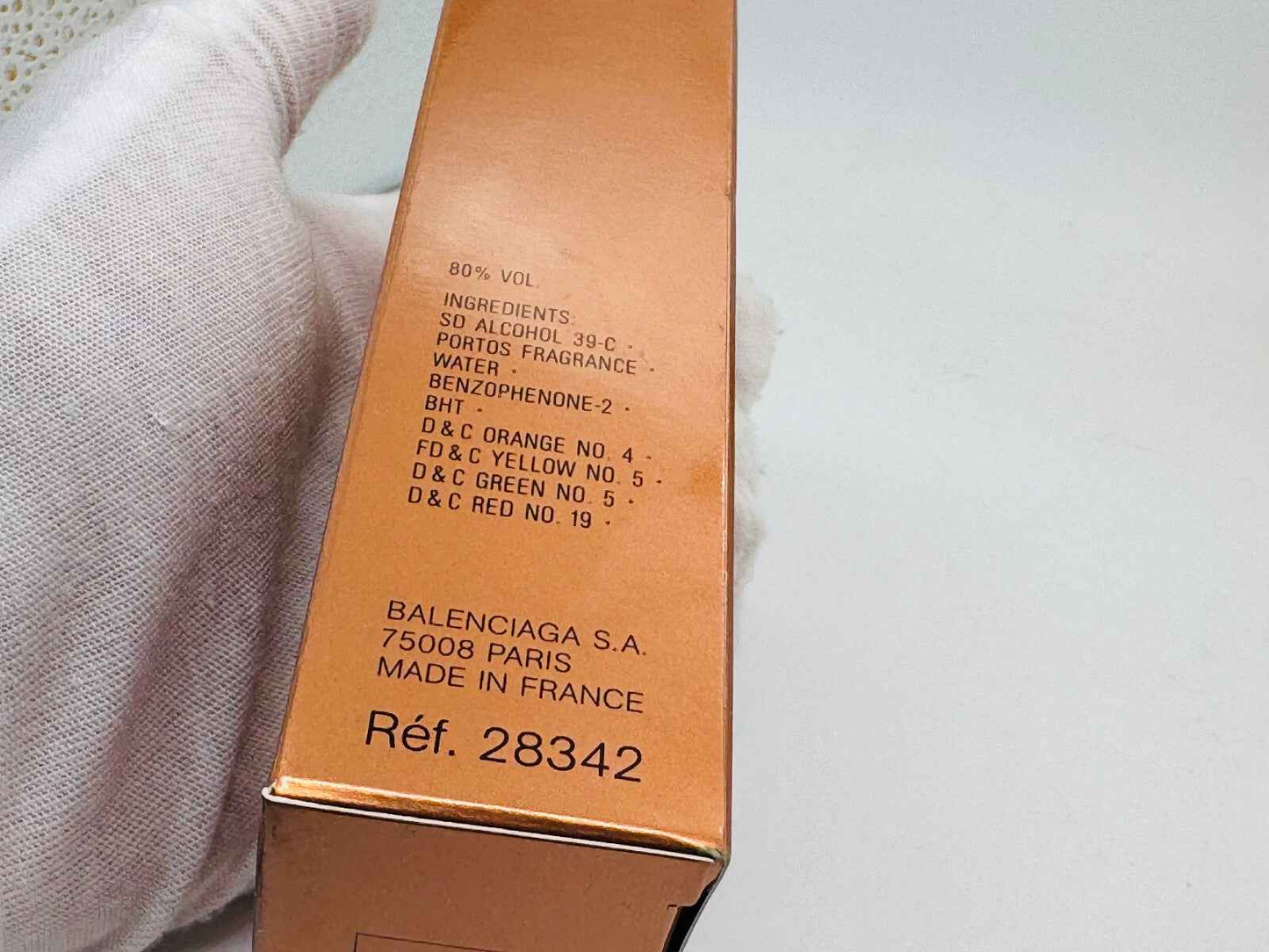 Scatola del profumo Balenciaga Portos Vintage con ingredienti e dettagli del prodotto