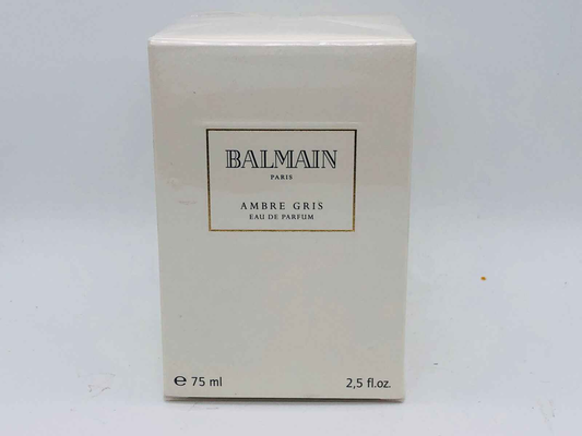 Scatola di profumo Balmain Ambre Gris Vintage da 75 ml, elegante e raffinata.