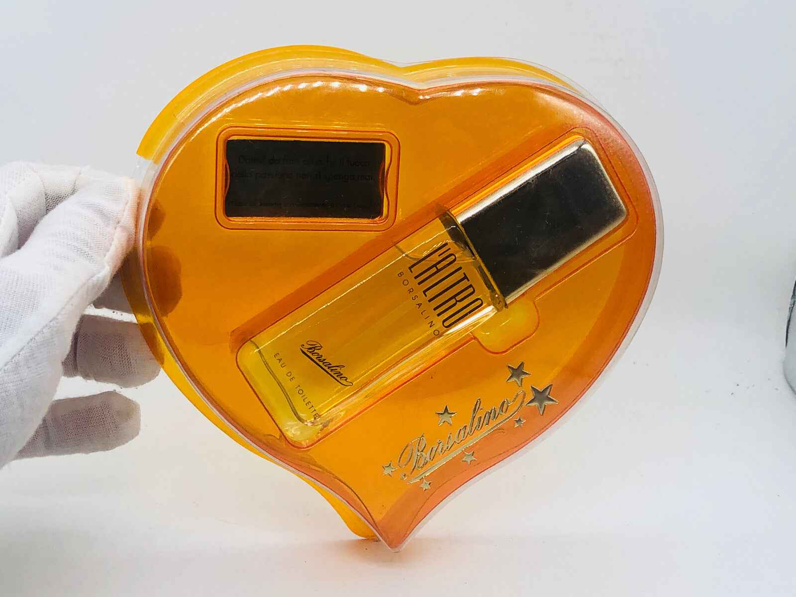 Profumo Borsalino Vintage in confezione a cuore arancione, flacone elegante in vetro