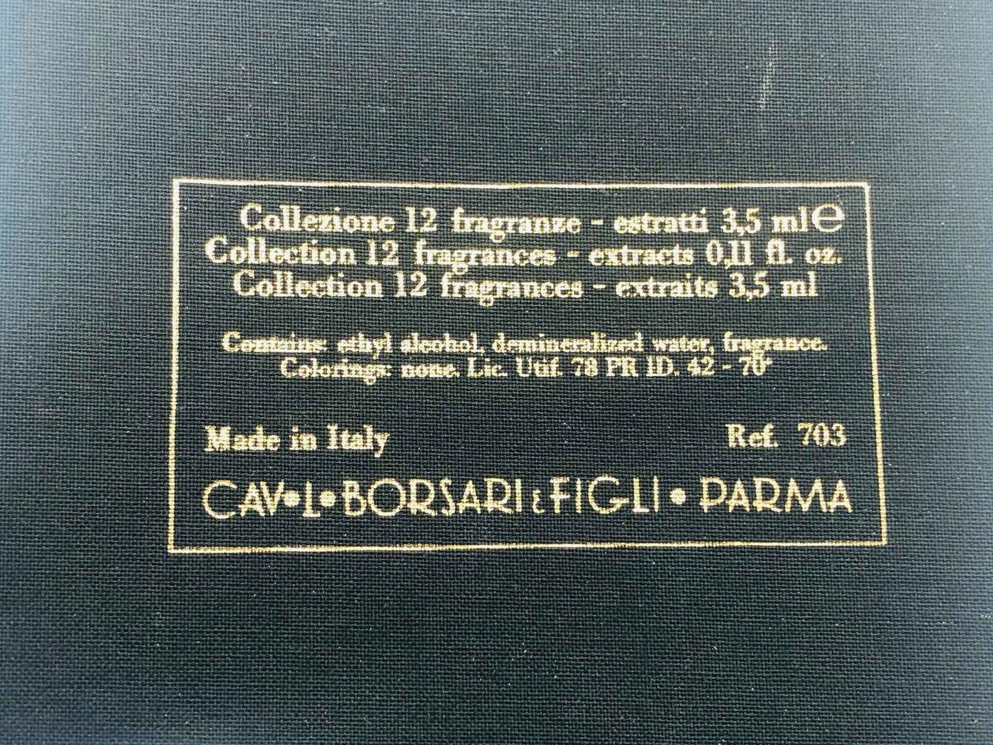 BORSARI ESTRATTI PARFUM Vintage collezione 12 fragranze con dettagli su composizione e origine italiana