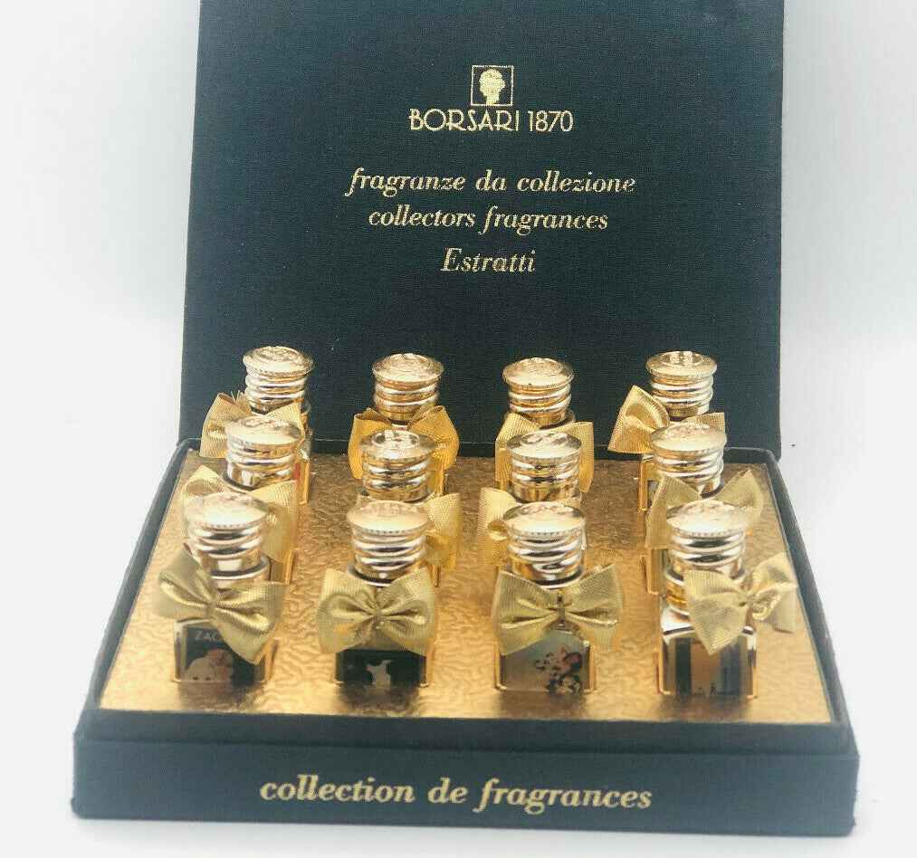 Set di 10 mini flaconi di BORSARI ESTRATTI PARFUM Vintage in elegante confezione con fiocchi dorati