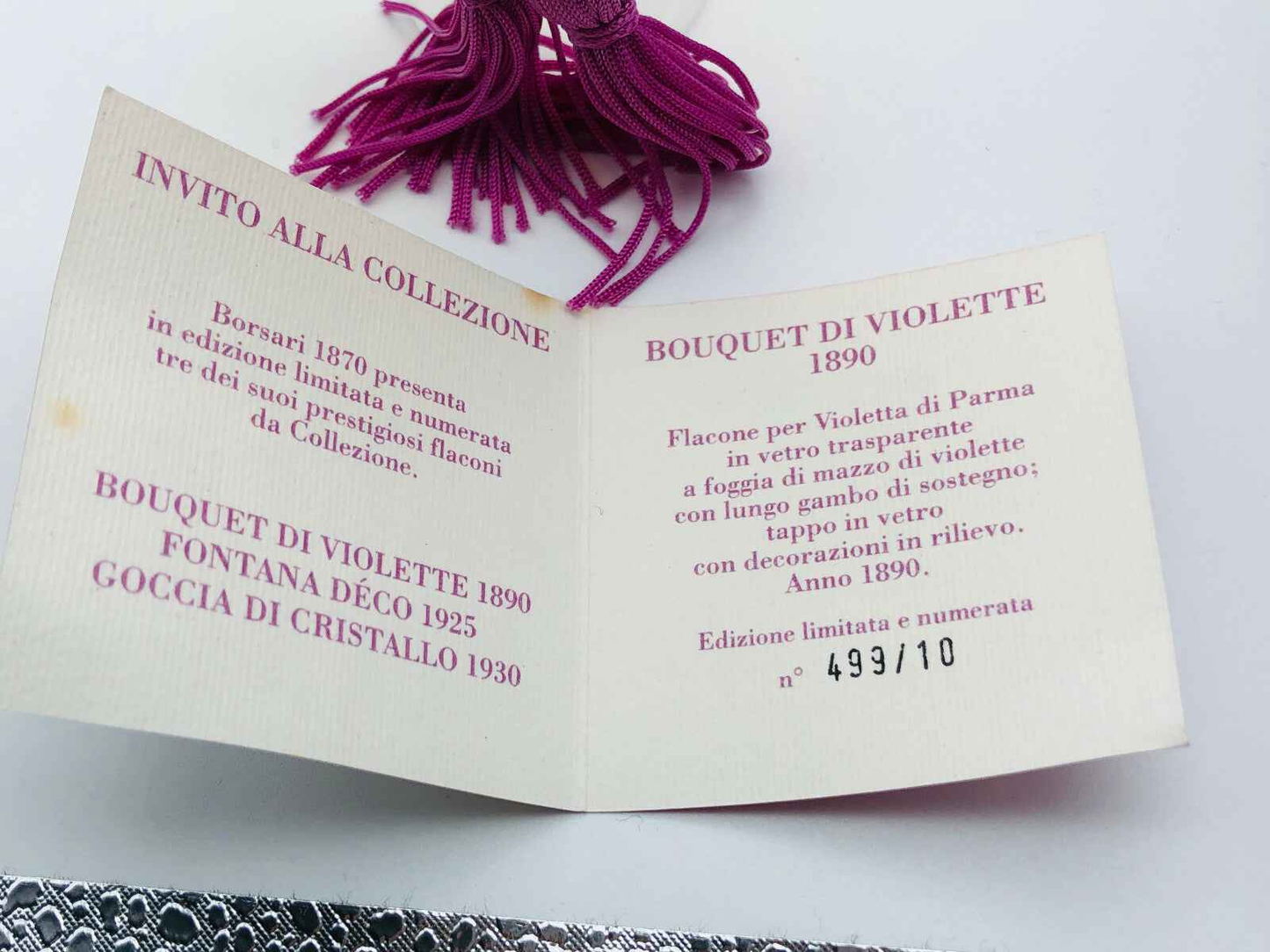 Invito alla collezione Borsari con dettagli su Profumo Vintage Borsari Bouquet di Violette 1890