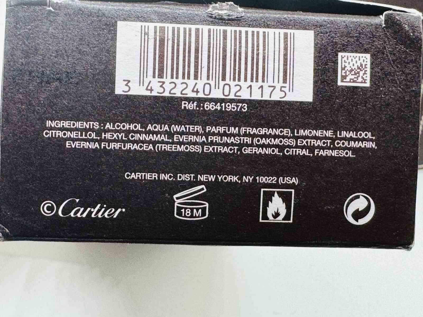 Scatola del profumo Cartier Declaration con ingredienti e informazioni sui componenti
