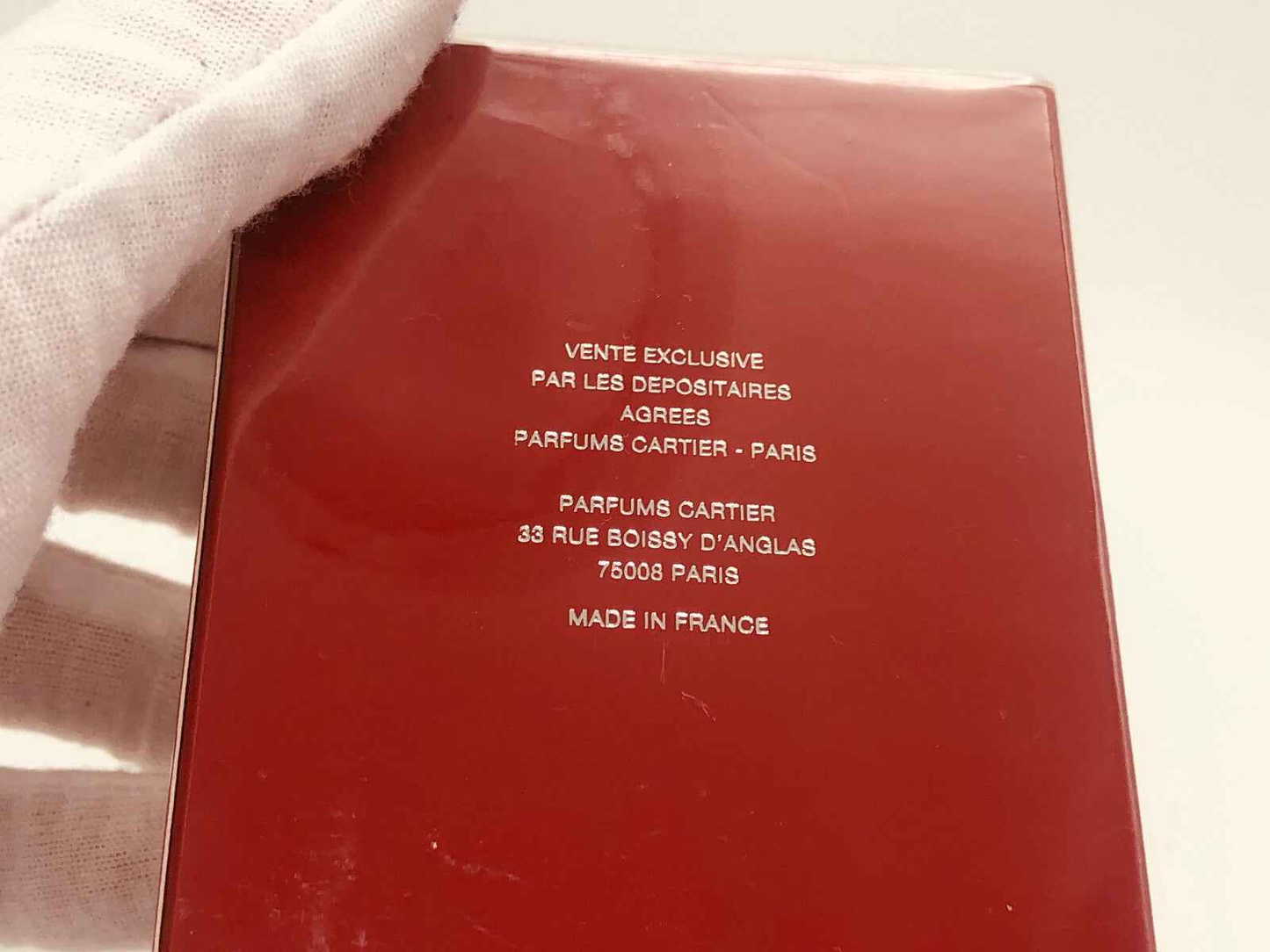 Scatola del profumo Cartier Declaration Vintage con dettagli di vendita esclusiva e indirizzo di Parfums Cartier