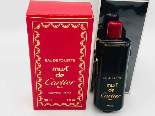 Profumo Must De Cartier Vintage in bottiglia nera con confezione rossa, 30 ml di eau de toilette