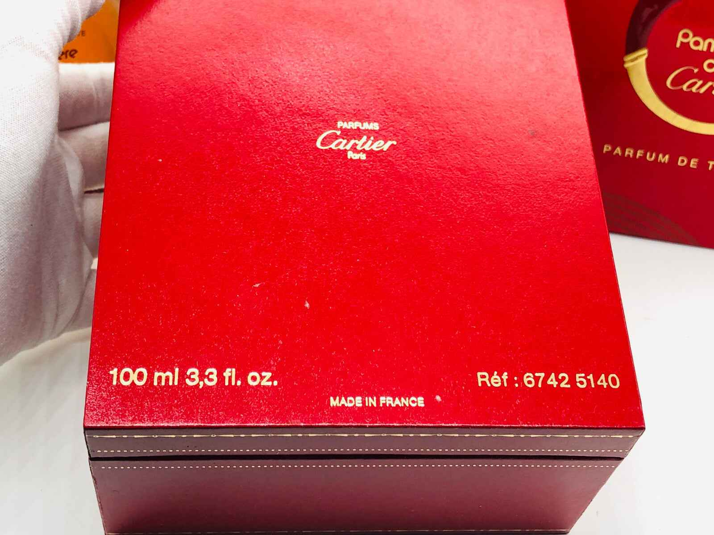 Scatola rossa del profumo Panthere Cartier Vintage da 100 ml con dettagli in oro e made in France
