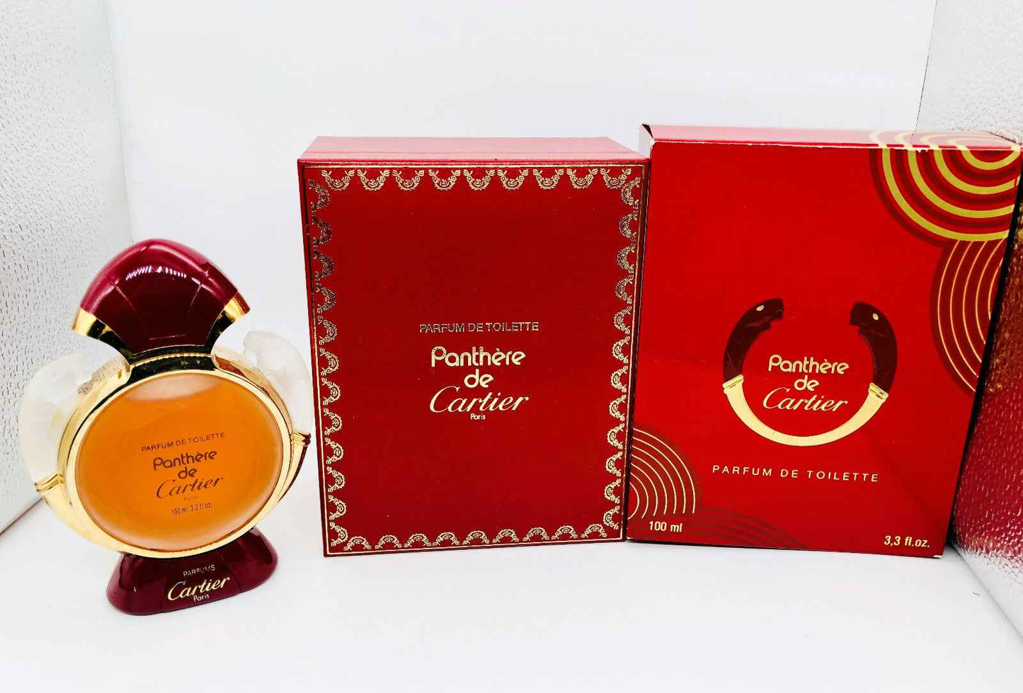 Profumo Panthere Cartier Vintage in bottiglia elegante con confezione rossa e dettagli dorati