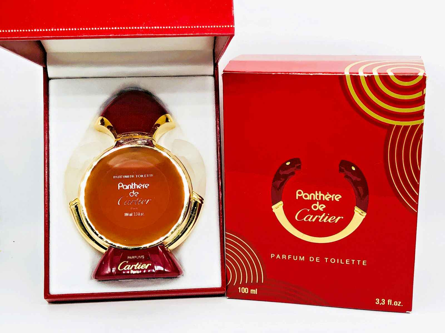 Profumo Panthere Cartier Vintage in una elegante confezione rossa con flacone distintivo di 100 ml