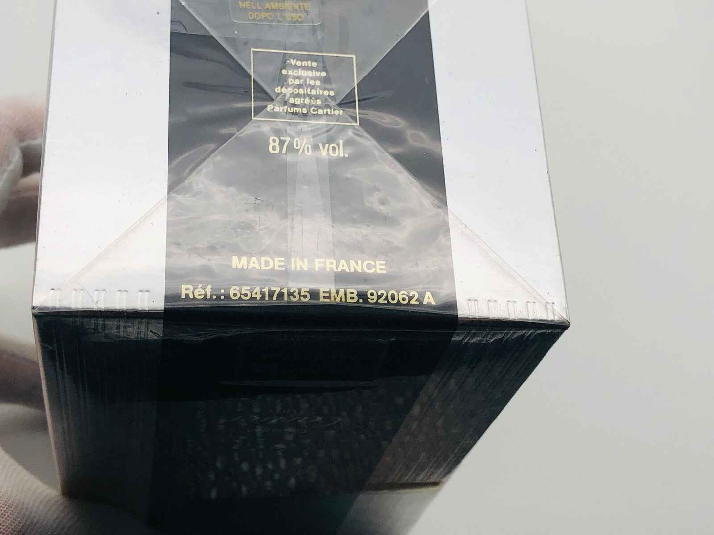 Scatola del profumo Pasha Cartier con etichetta e dettagli sul prodotto, realizzata in Francia