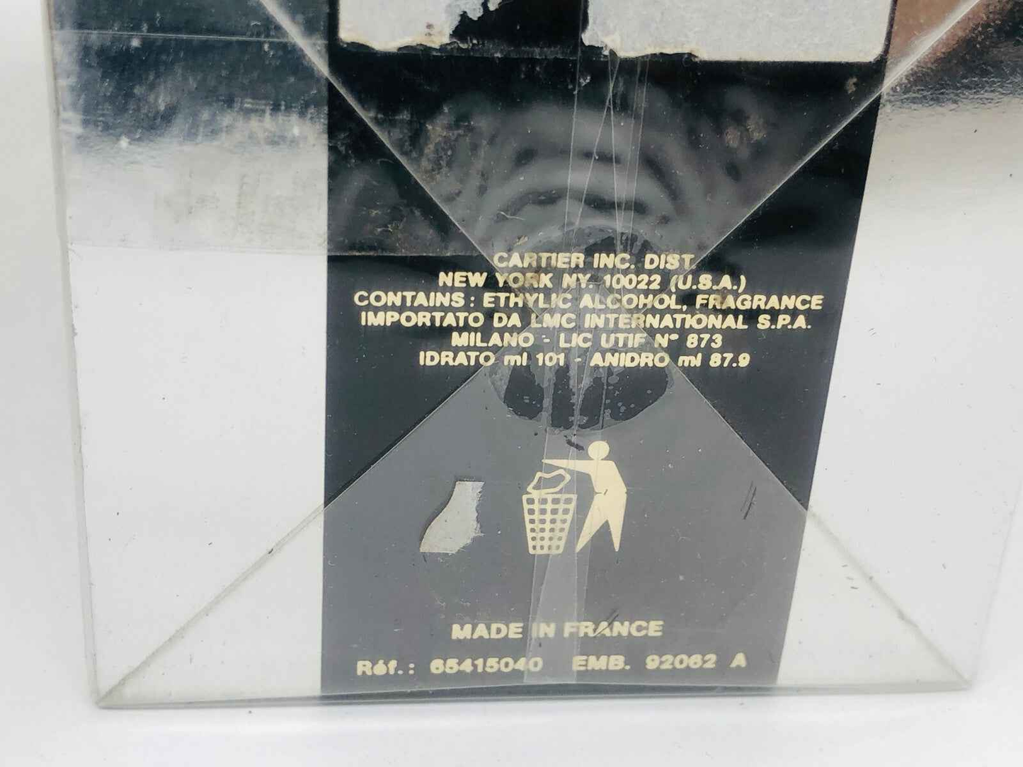 Flacone di profumo Pasha Cartier Vintage con etichetta e dettagli di origine francese