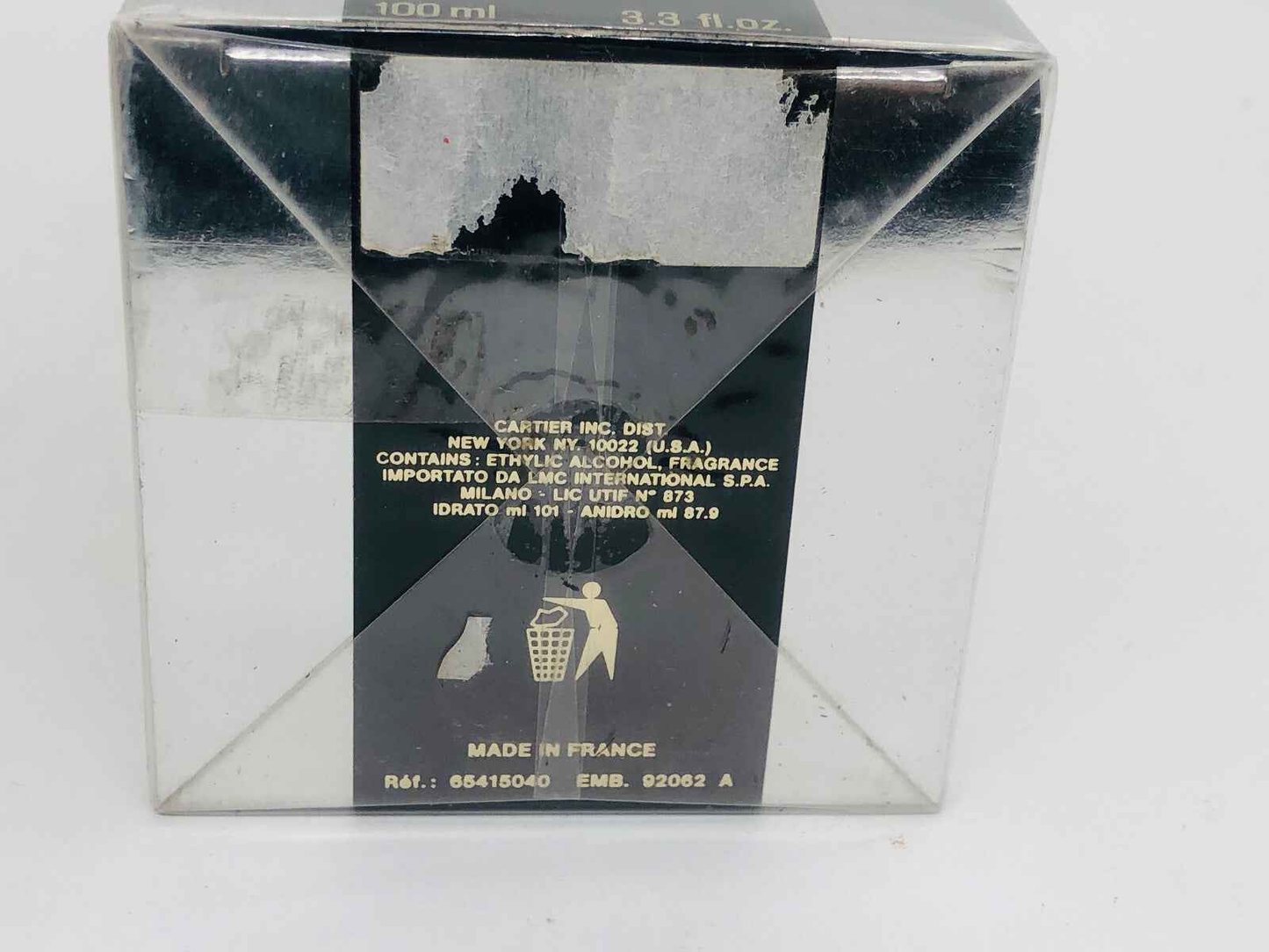 Confezione del profumo Pasha Cartier Vintage da 100 ml con dettagli della marca e origine francese