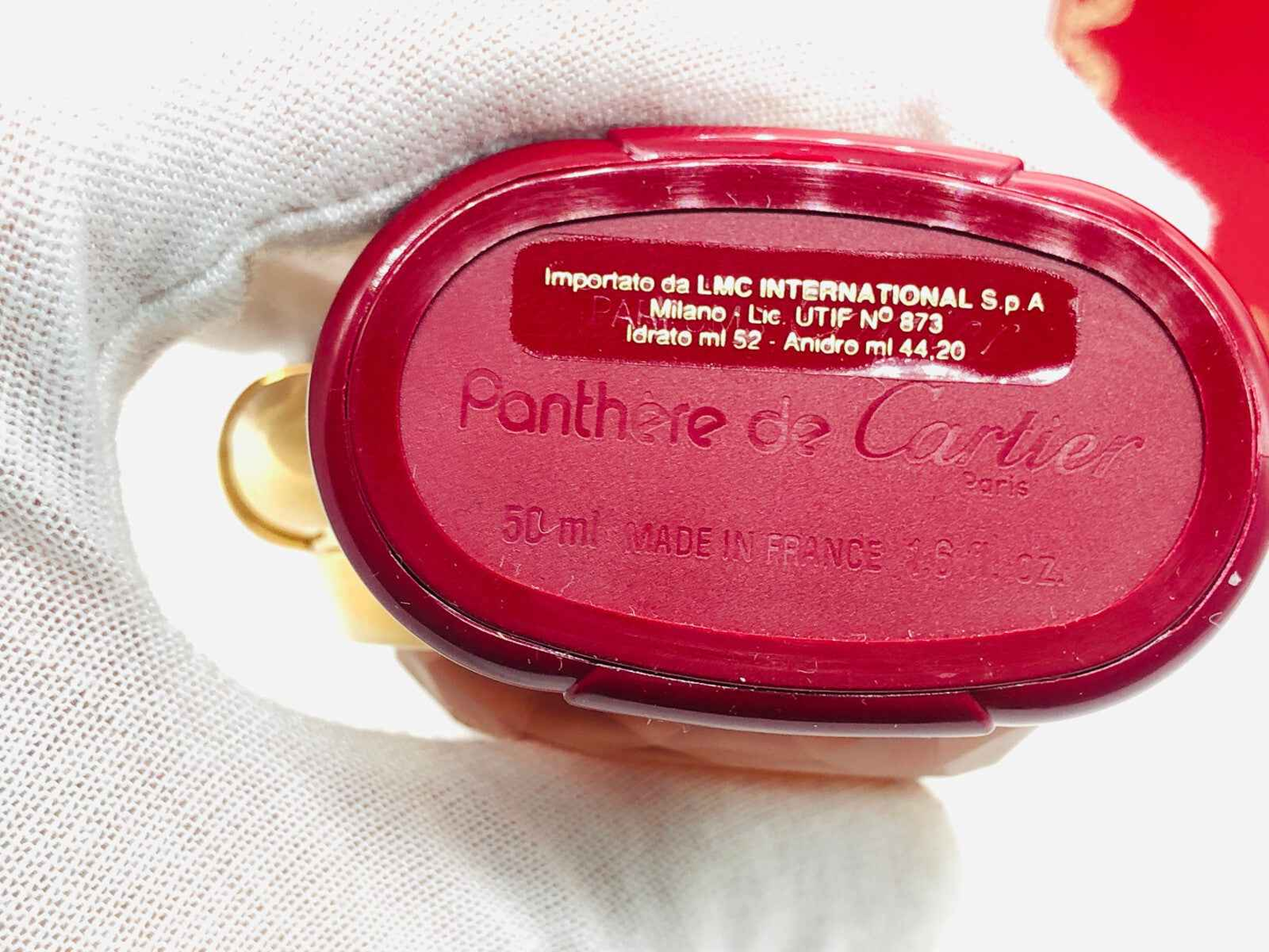 Base del profumo Vintage Panthere Cartier da 50 ml con dettagli di produzione in Francia