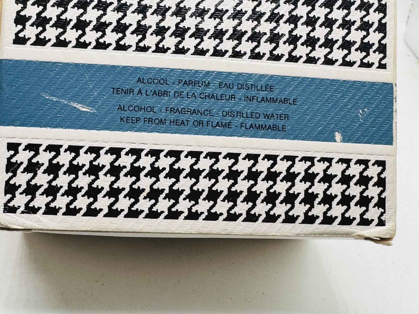 Scatola di profumo Diorella Vintage con motivo a pied de poule e avvertenze di sicurezza