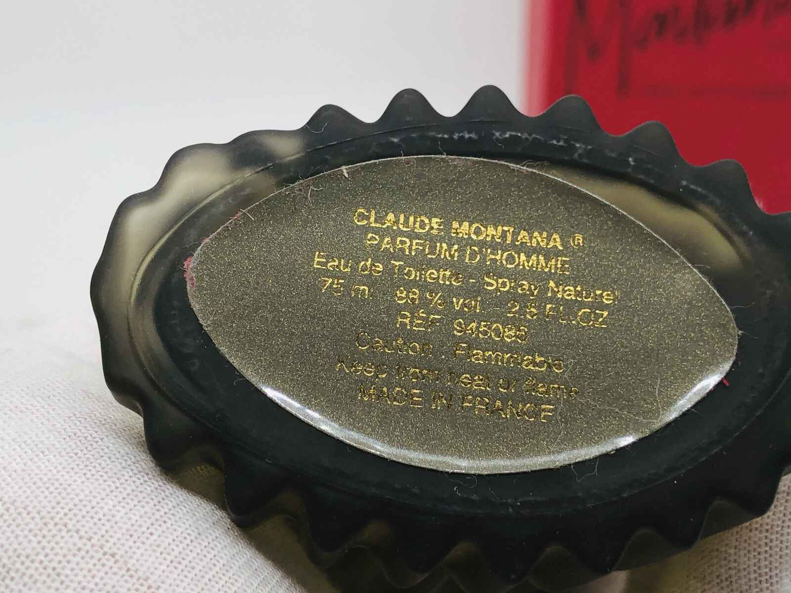 Etichetta di Claude Montana Parfum Homme 75ml Eau de Toilette con dettagli e informazioni sul fondo della confezione