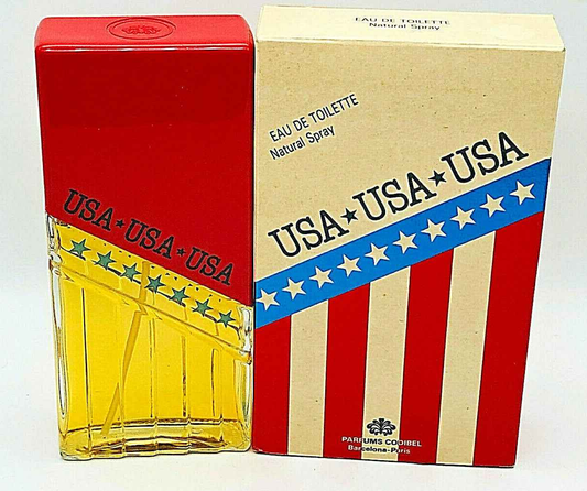 Profumo Codibel Vintage in flacone giallo con tappo rosso e scatola decorata con stelle e strisce