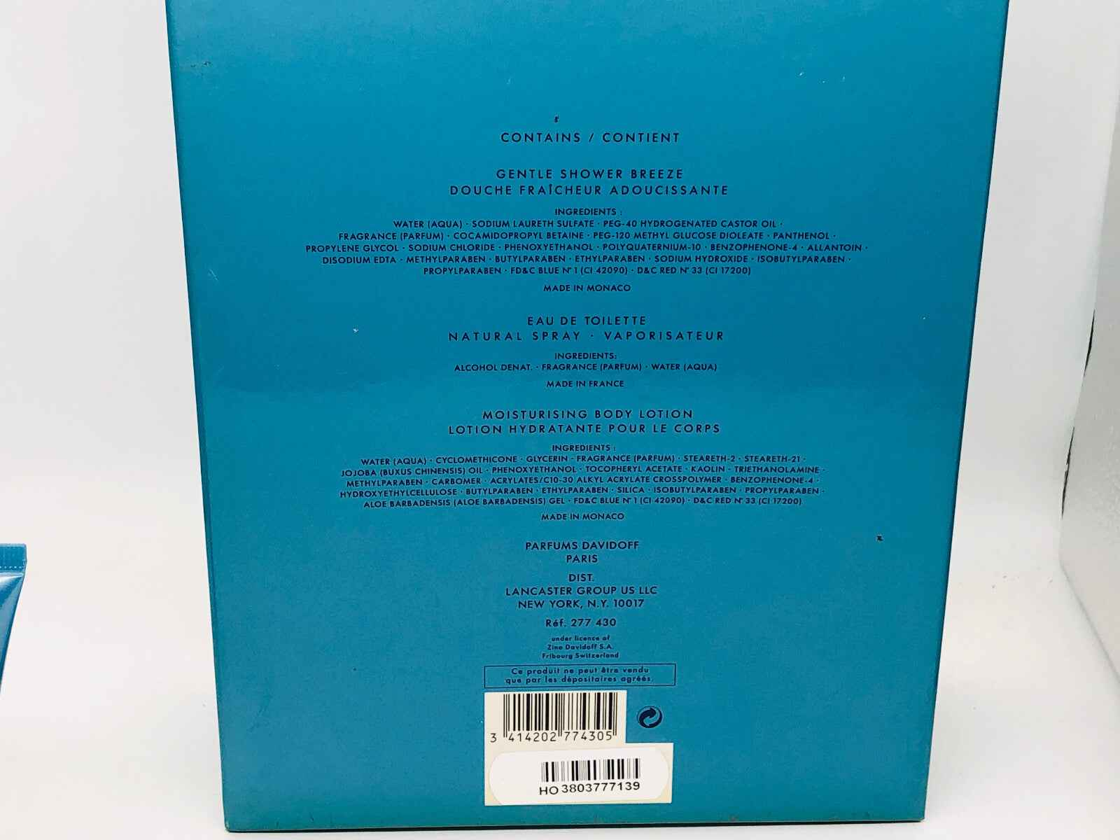 Confezione posteriore del profumo Vintage Cool Water Davidoff con dettagli sul prodotto e ingredienti