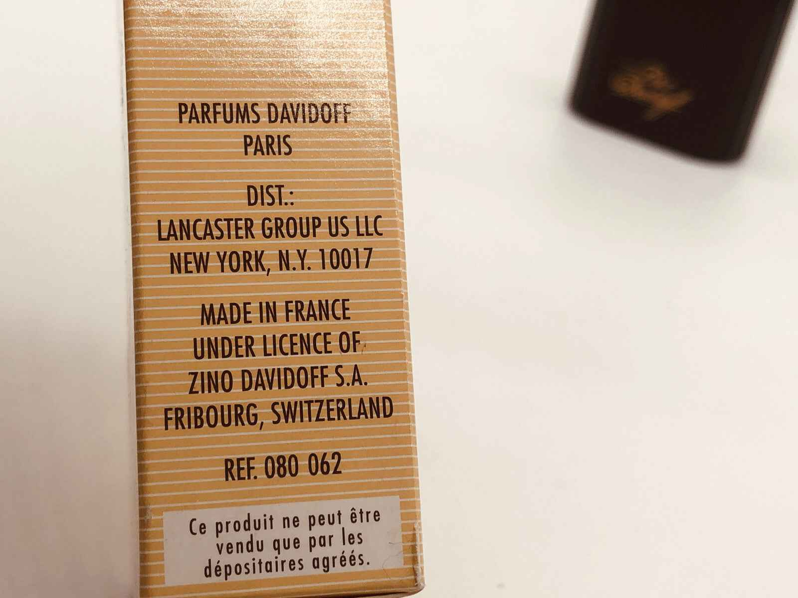 Scatola del profumo Zino Davidoff Vintage con dettagli di produzione e distribuzione