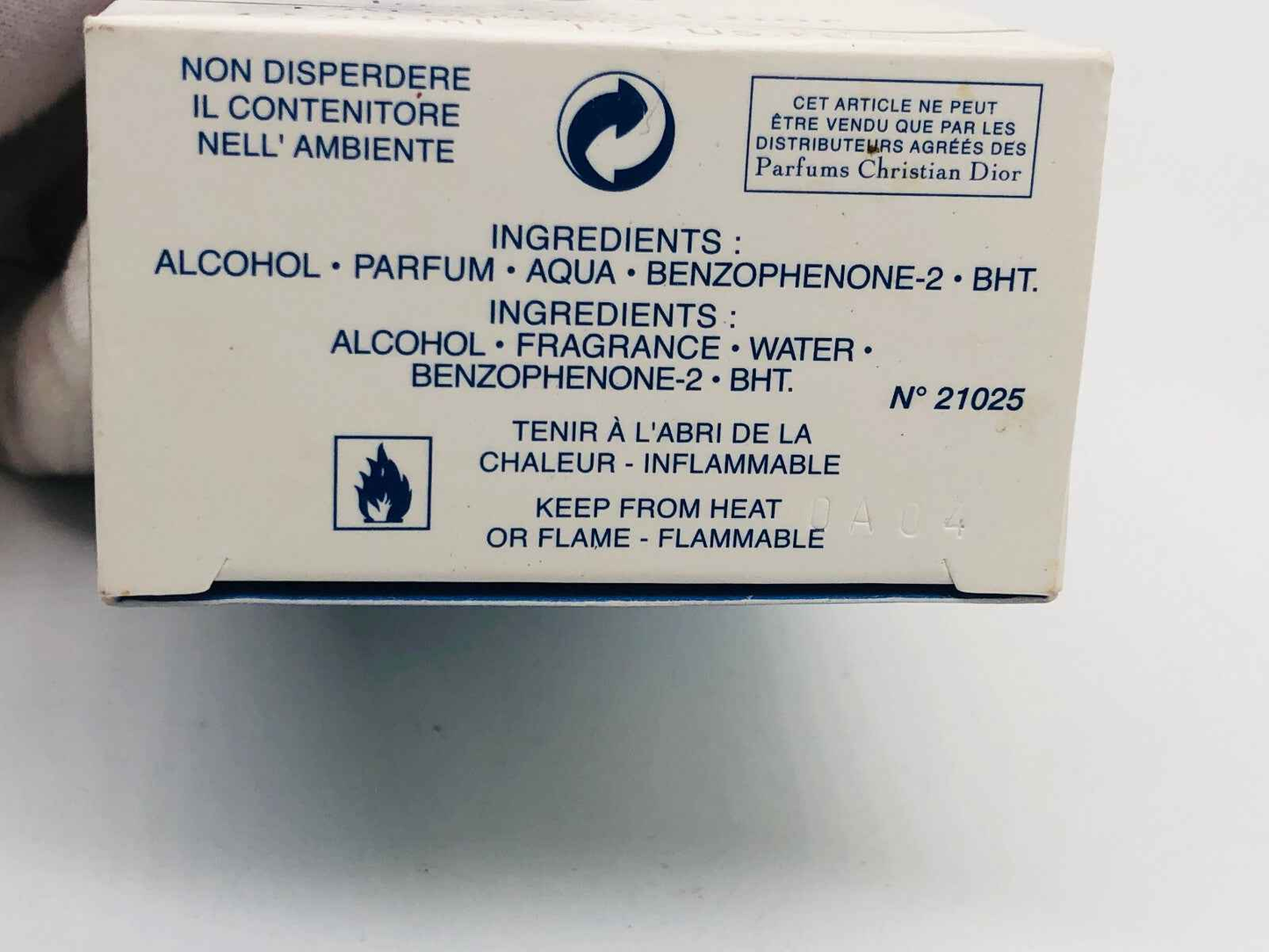 Scatola di profumo Remember Me Dior con ingredienti e avvertenze per sicurezza