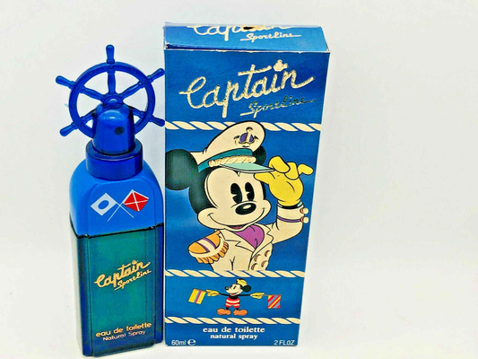 Profumo Topolino Disney Captain Vintage in bottiglia azzurra con design accattivante e scatola illustrata