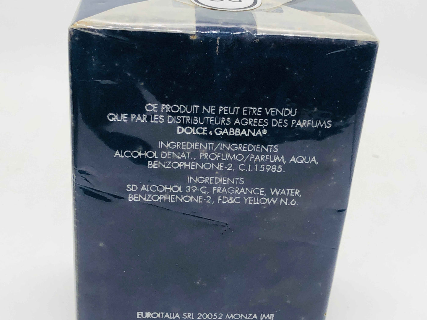 Scatola del profumo Dolce & Gabbana Pour Homme con ingredienti dettagliati sul retro
