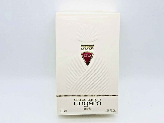 Confezione di profumo Diva Ungaro Vintage da 100 ml con design elegante in bianco e rosso