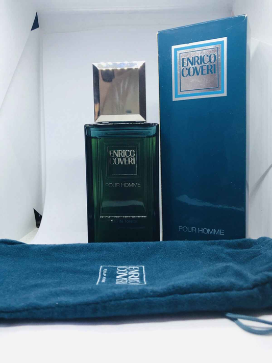 Profumo Enrico Coveri Pour Homme con confezione elegante e sacchetto blu in microfibra
