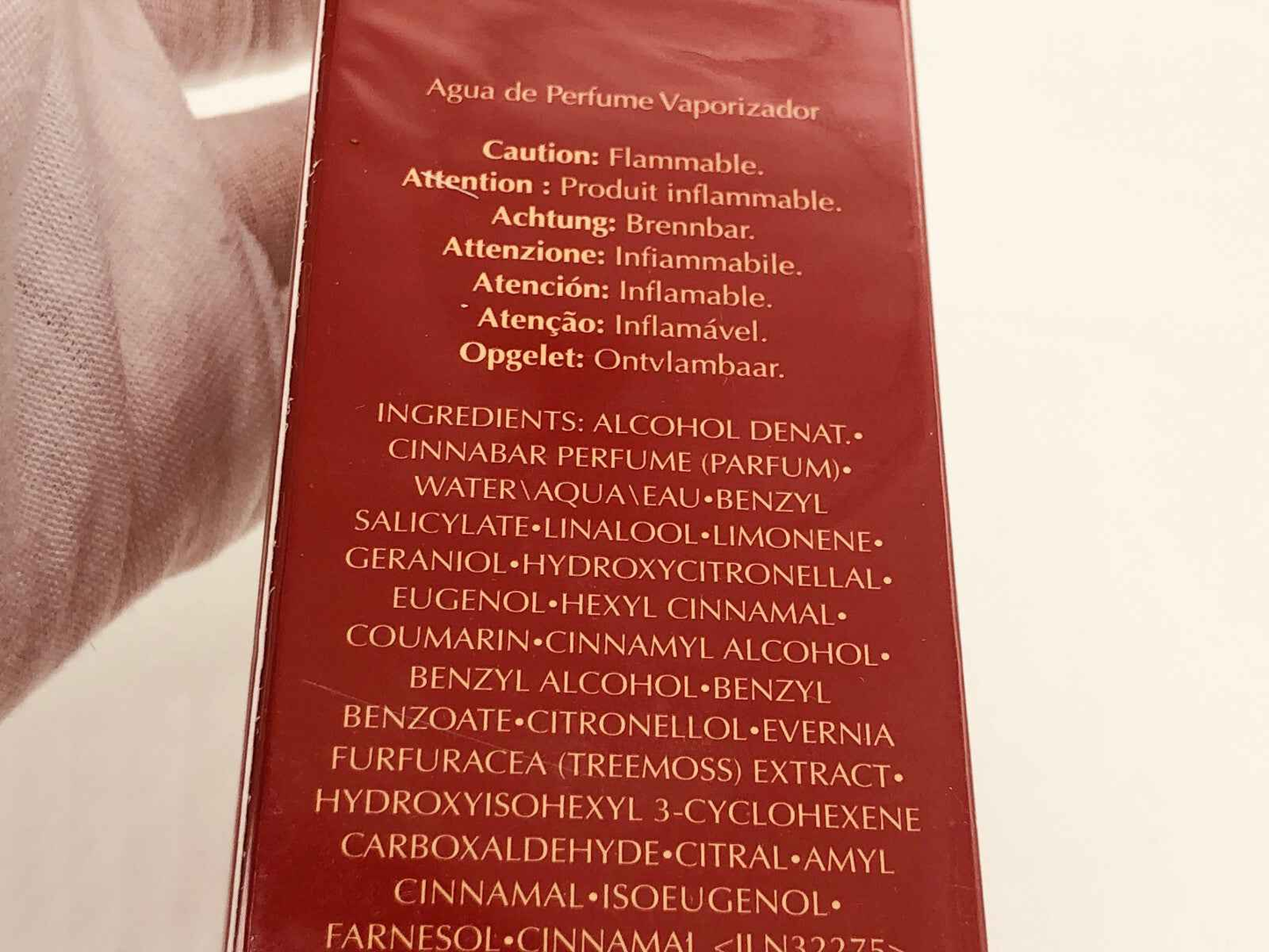 Scatola di profumo Estée Lauder Cinnabar Vintage con ingredienti e consigli per l'uso