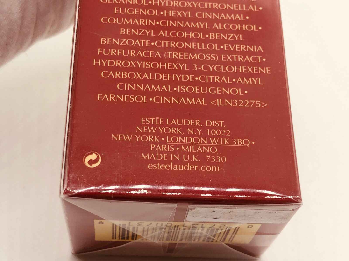 Scatola di profumo Estee Lauder Cinnabar Vintage con dettagli sugli ingredienti
