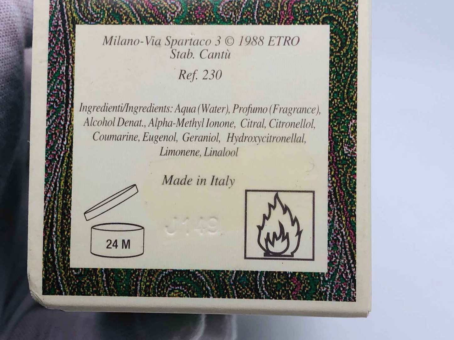 Scatola del profumo ETRO MAGOT VINTAGE con ingredienti dettagliati e informazioni sul prodotto