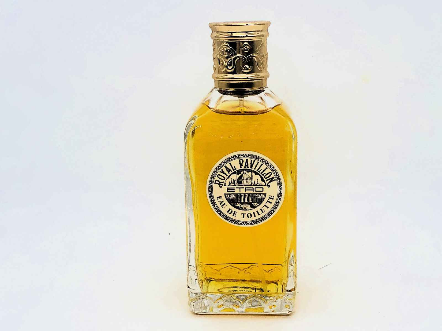 Flacone di profumo vintage Etro Royal Pavillon con design elegante e colorazione dorata
