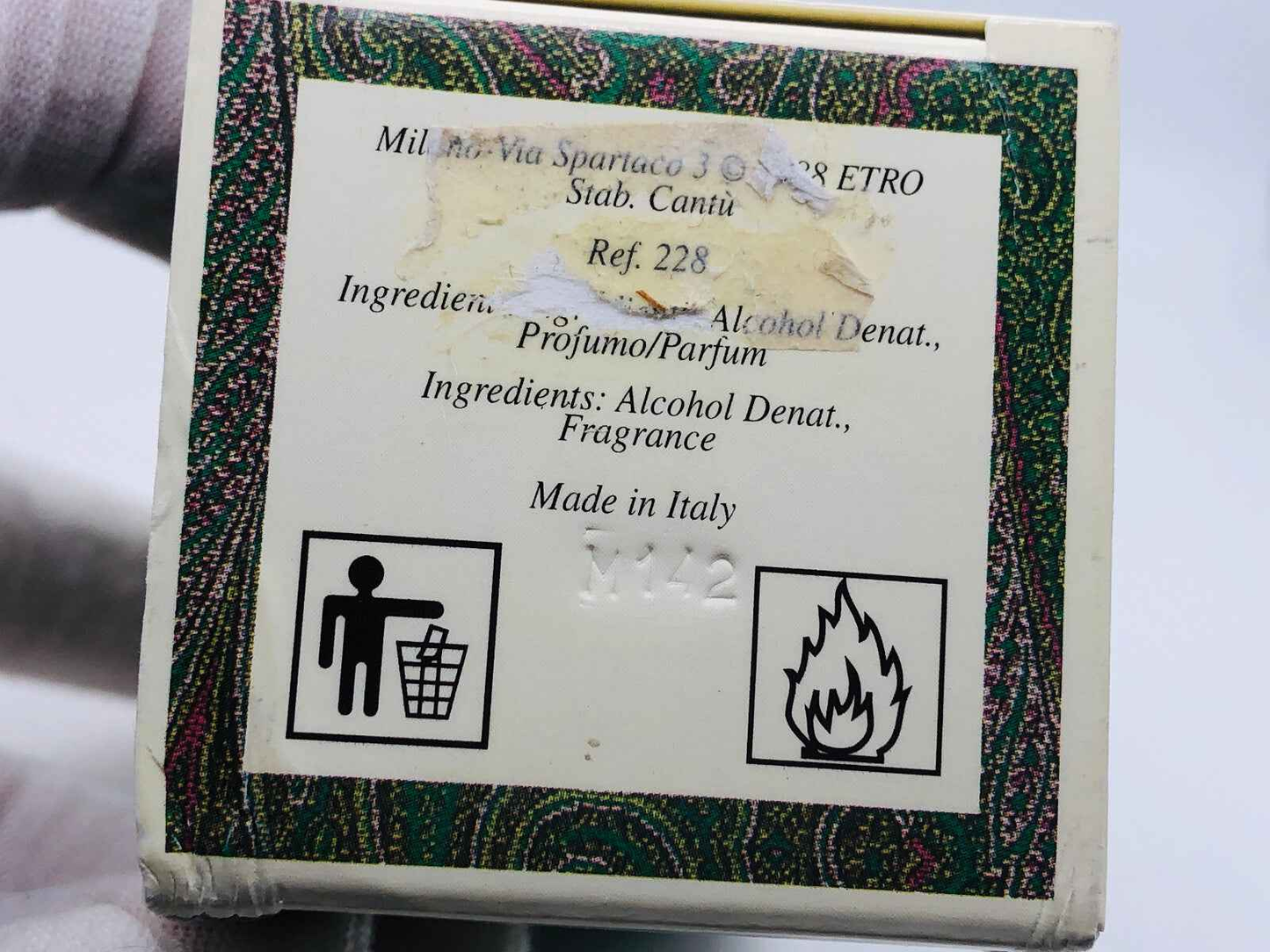 Scatola di Etro Royal Pavillon Vintage con ingredienti e informazioni di produzione, Made in Italy