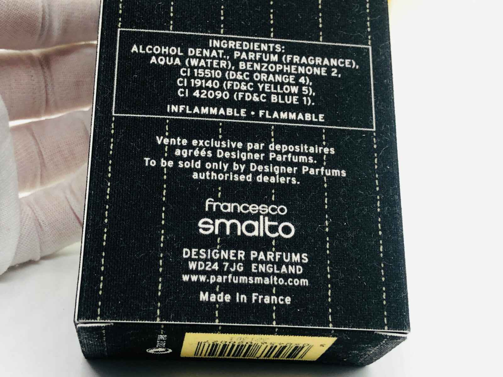 Scatola del Profumo Francesco Smalto Vintage con ingredienti e dettagli del prodotto