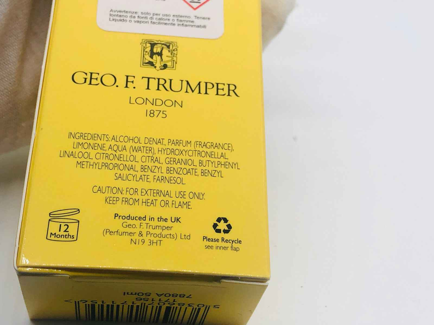 Scatola di profumo Geo F Trumper Gft con ingredienti e avvertenze per l'uso esterno