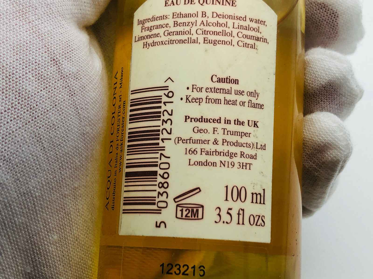 Etichetta del Profumo Geo F Trumper Eau de Quinine con ingredienti e avvertenze per l'uso