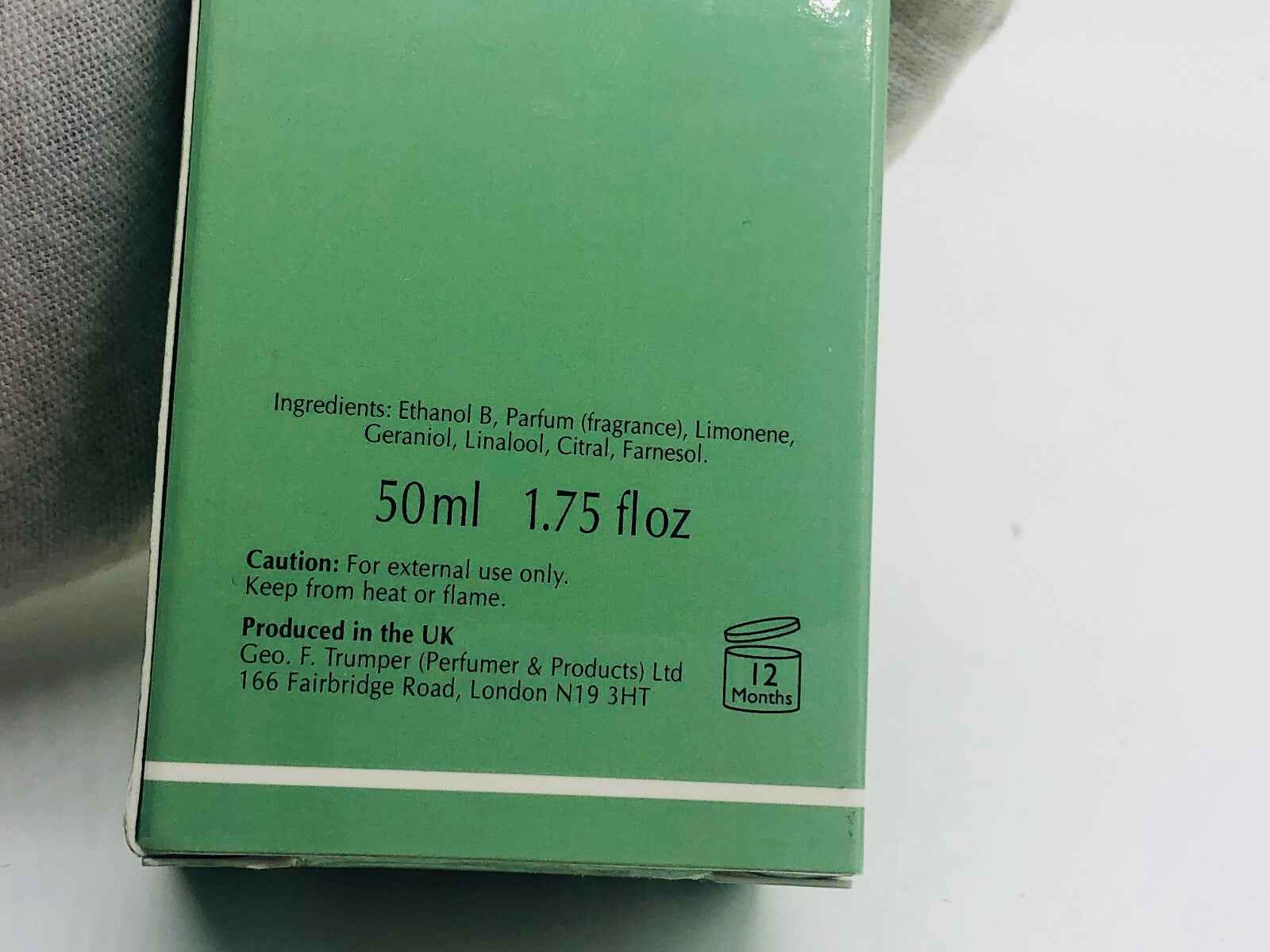 Scatola del profumo Geo F Trumper da 50ml con ingredienti e informazioni sul prodotto