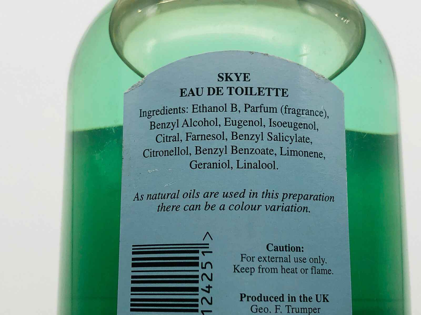 Flacone di Profumo Geo F Trumper Skye con ingredienti e avvertenze sul retro