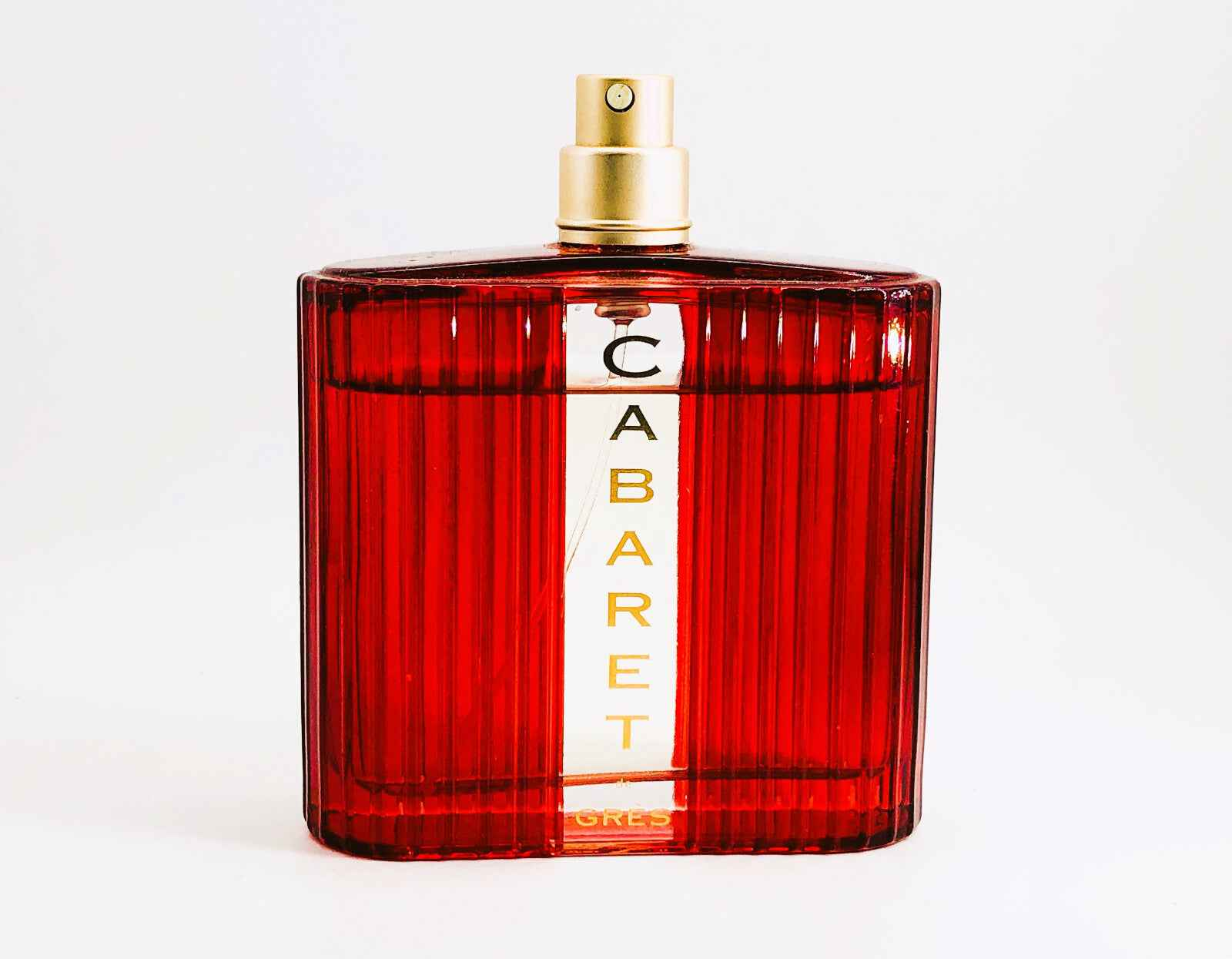 Flacone di profumo vintage Gres Cabaret in vetro rosso con spruzzatore dorato