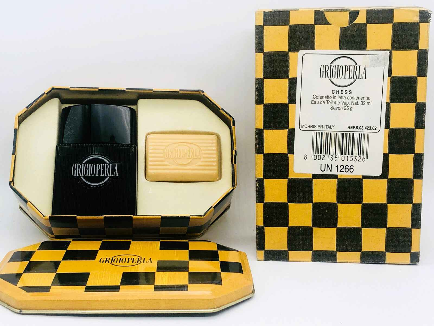Set regalo Profumo Grigioperla Vintage con sapone profumato in scatola a scacchi