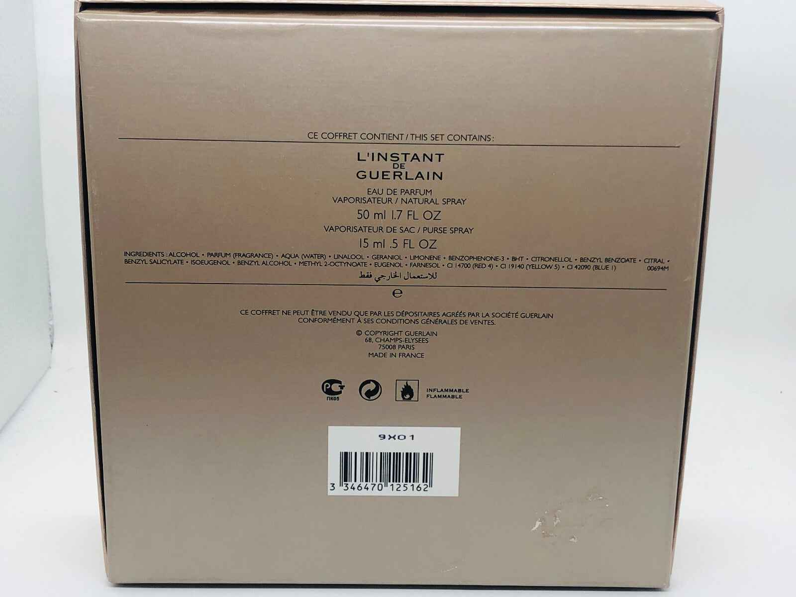 Scatola del profumo Guerlain L'Instant Eau de Parfum da 50 ml con ingredienti e informazioni sul prodotto