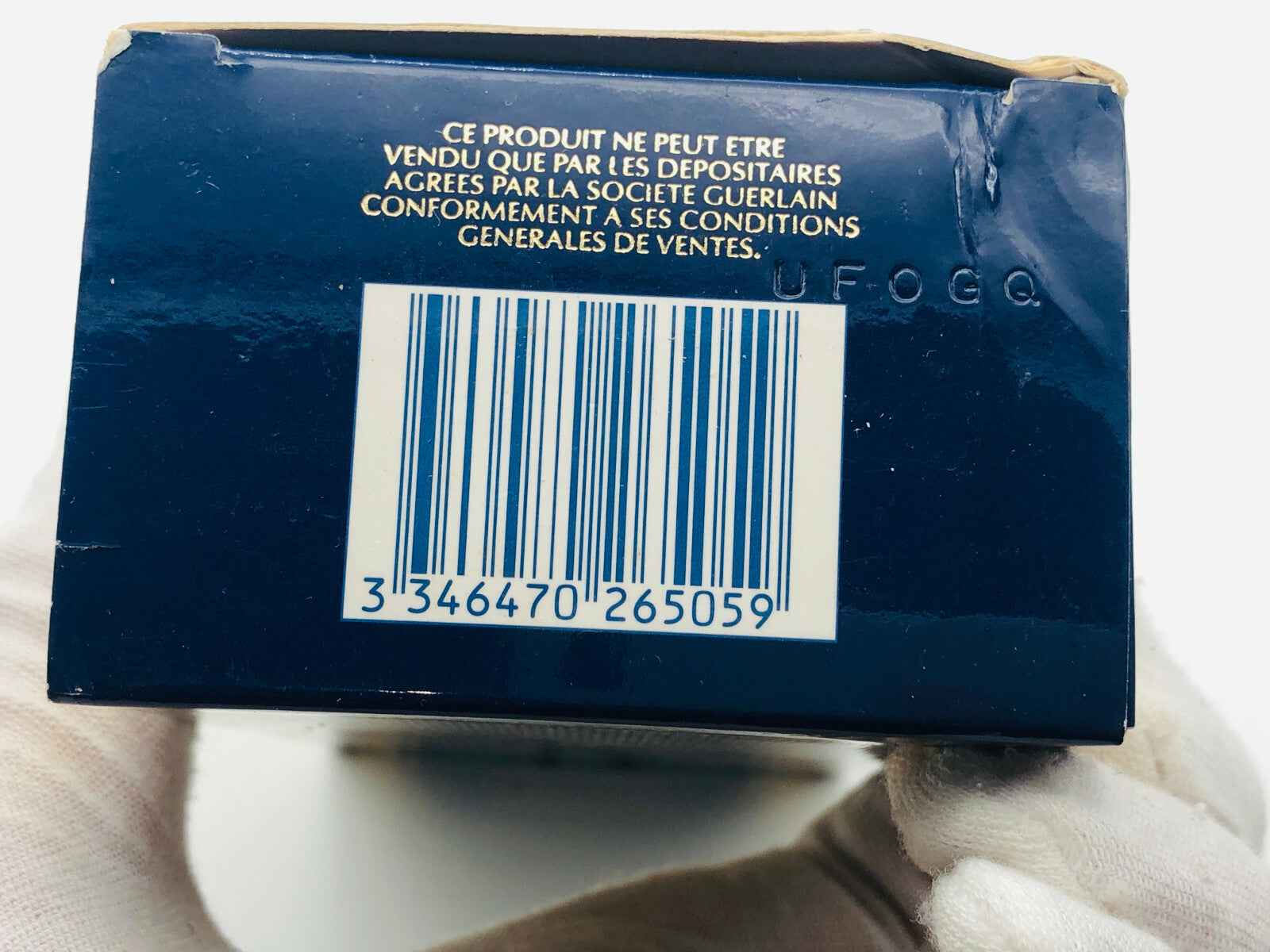 Scatola del profumo Guerlain Shalimar Vintage con codice a barre e istruzioni di vendita