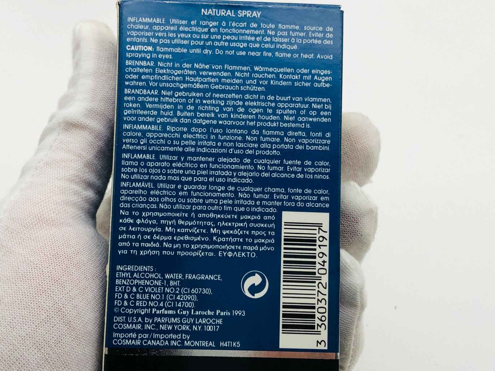 Scatola del profumo Horizon Guy Laroche con istruzioni e ingredienti sulle etichette posteriori