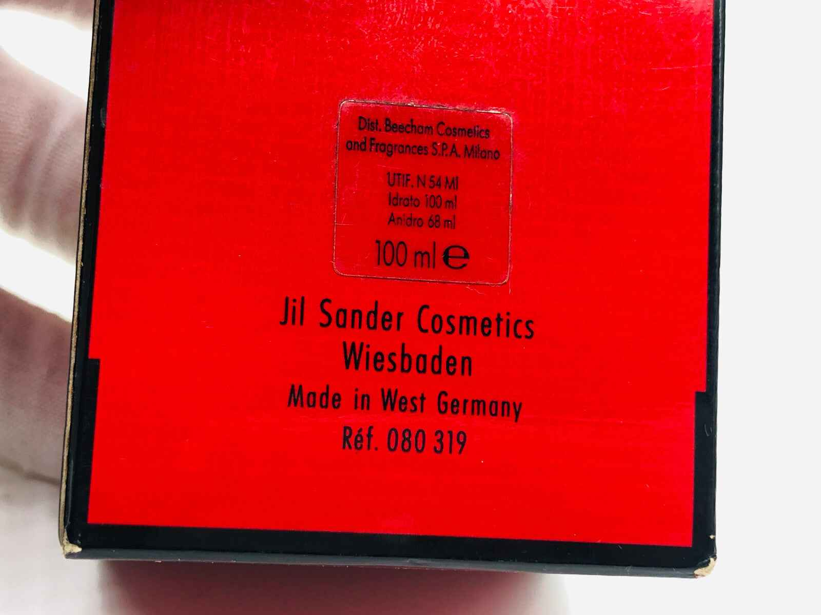 Scatola rossa di Jil Sander Feeling Man profumo da 100 ml con etichetta e dettagli del prodotto