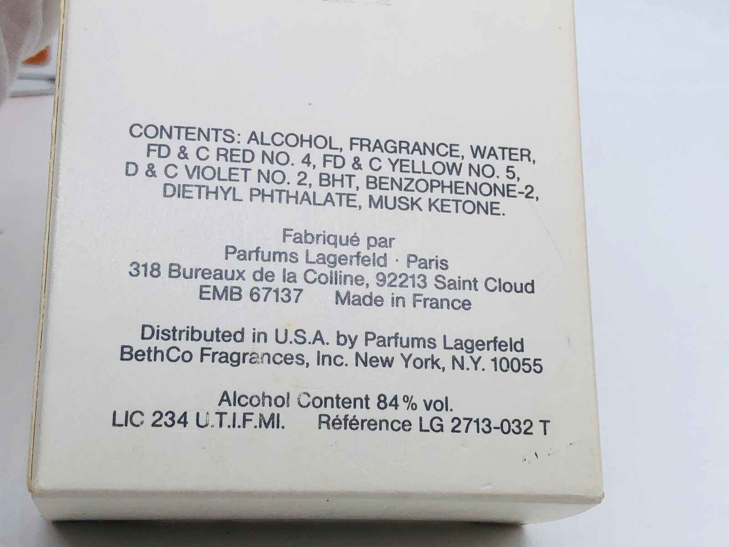 Scatola di profumo Karl Lagerfeld Donna Vintage con ingredienti e dettagli del prodotto sul retro