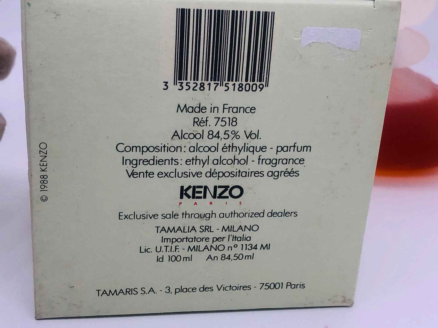 Scatola del profumo Kenzo By Kenzo Vintage con dettagli sugli ingredienti e il paese di origine