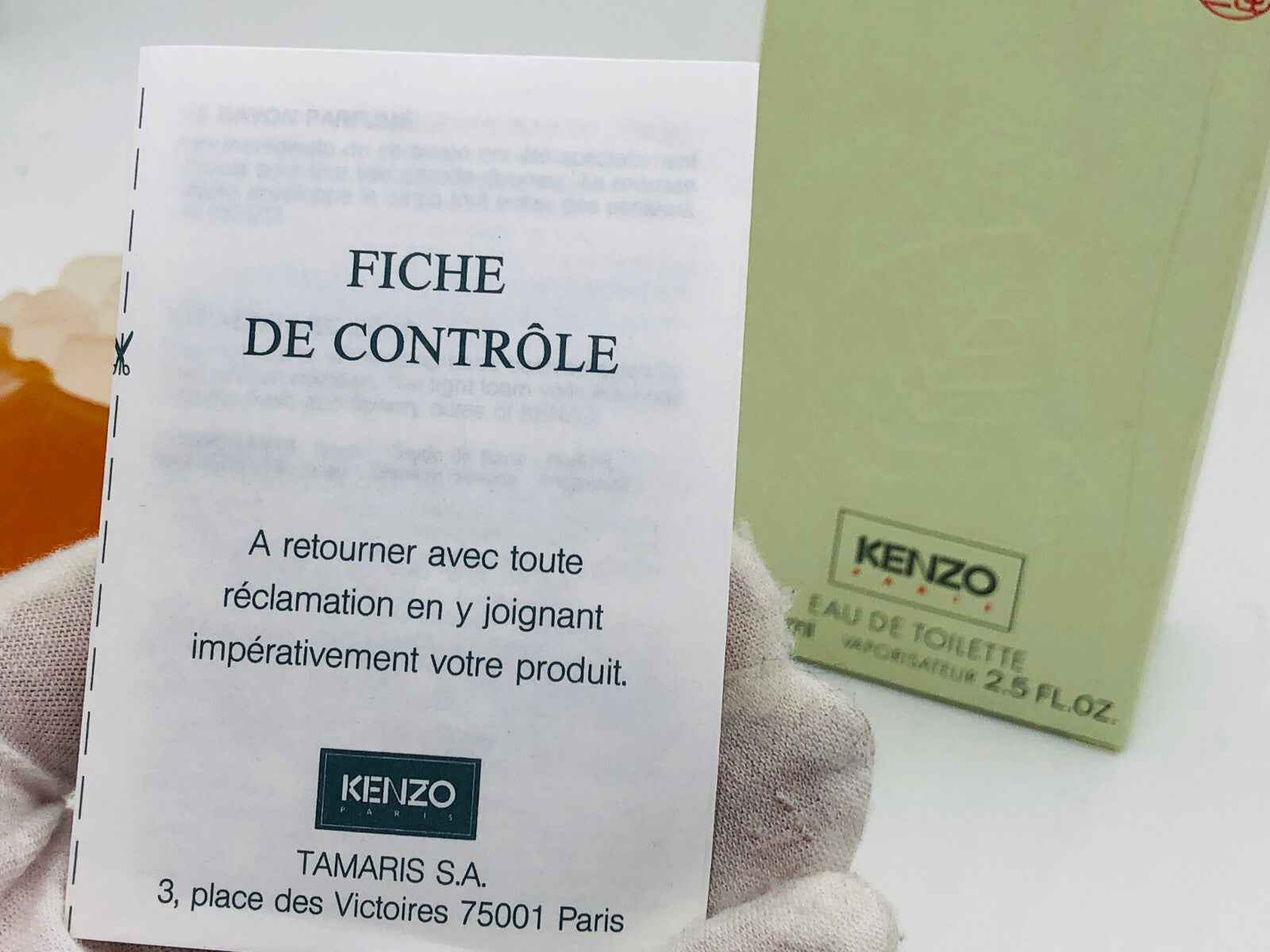 Foglietto di controllo per il Kenzo Profumo Vintage con indicazioni per restituzione e contatto