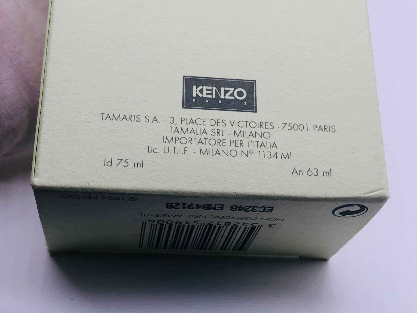 Scatola di Kenzo Profumo Vintage da 75 ml con dettagli del produttore sul retro