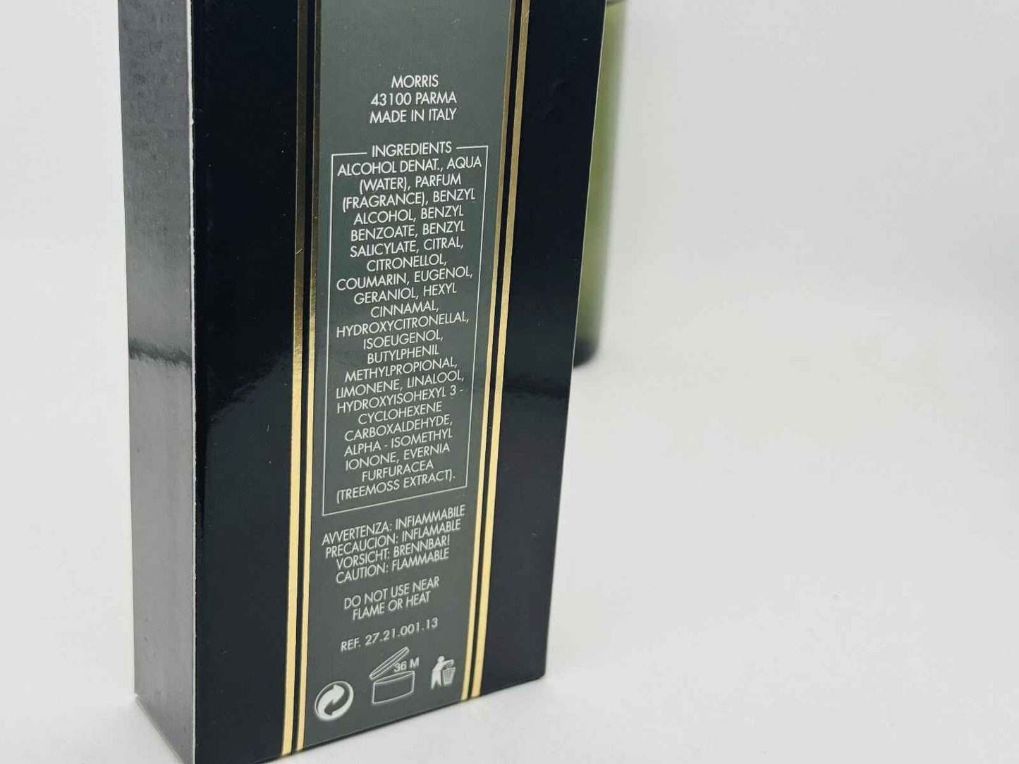 Scatola di profumo Krizia Uomo Vintage con ingredienti e indicazioni dettagliate sul retro.